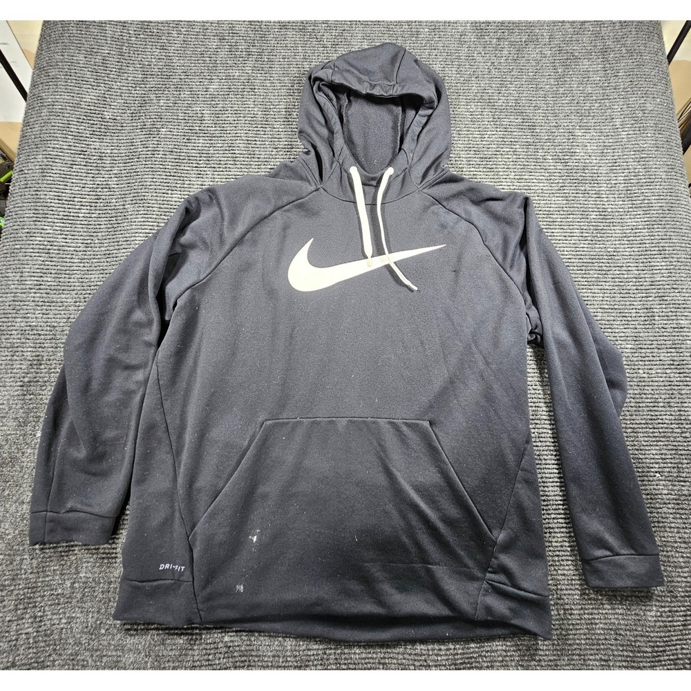 Nike Dri Fit Hoodie Mens 2XL Black French Terry Lined Swoosh Logo Raglan Sleeve
